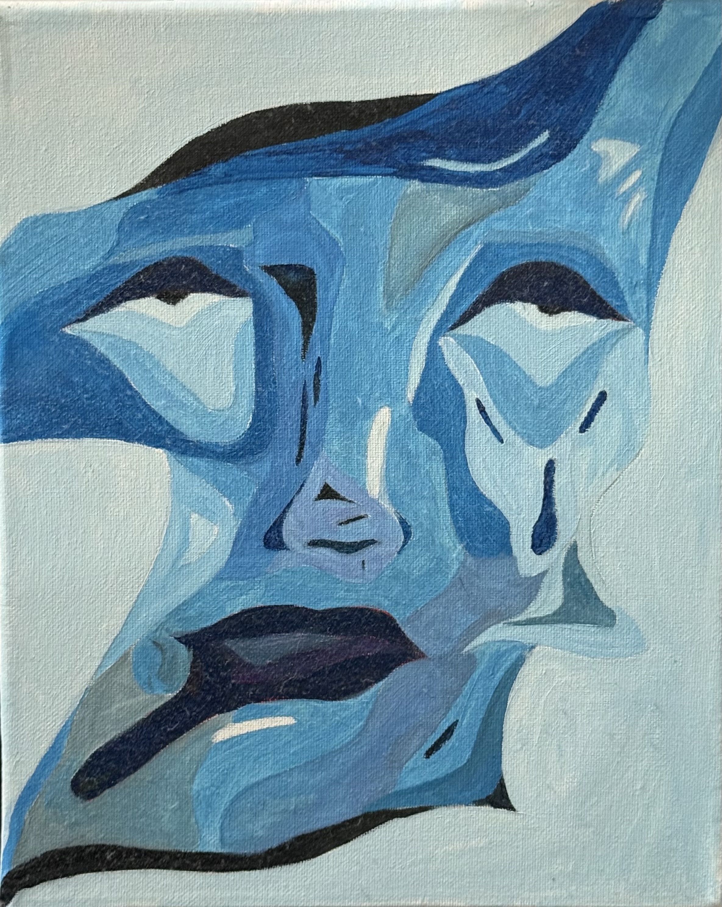 Blue oil painting of abstracted face